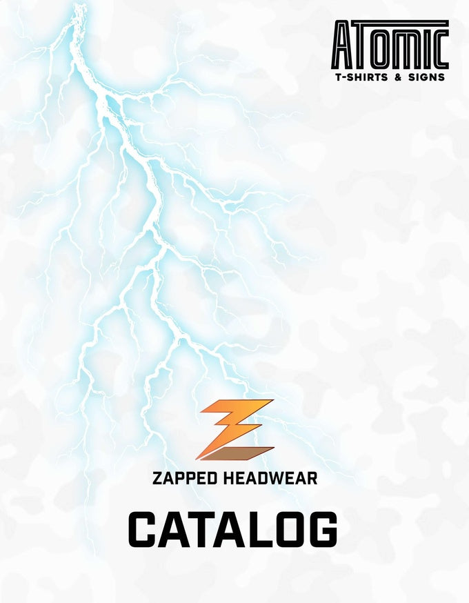 Cover of Zapped Headwear catalog with lightning design and Atomic T-Shirts & Signs branding.